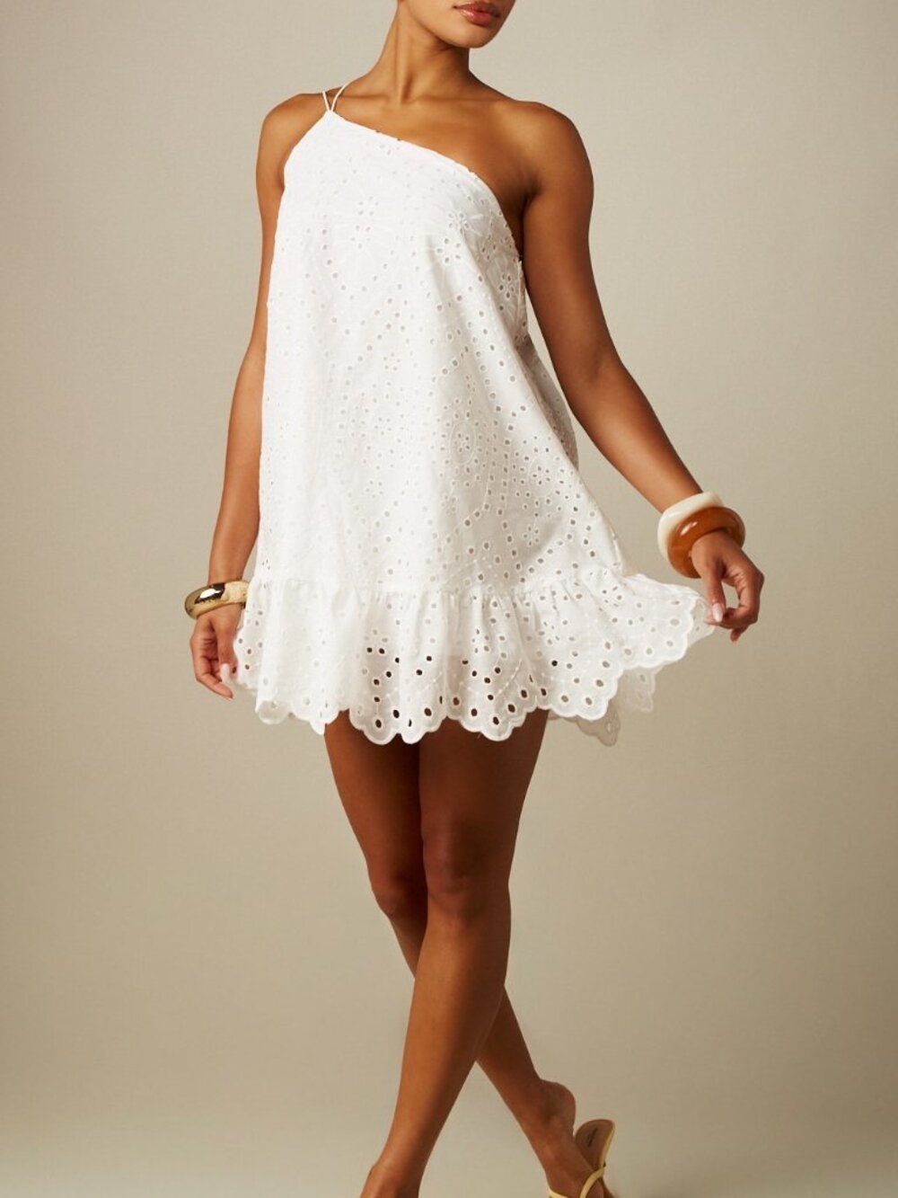 White Boho Women's One-Shoulder Mini Dress with Ruffle Hem and Scalloped Edge - Picture 3 of 5